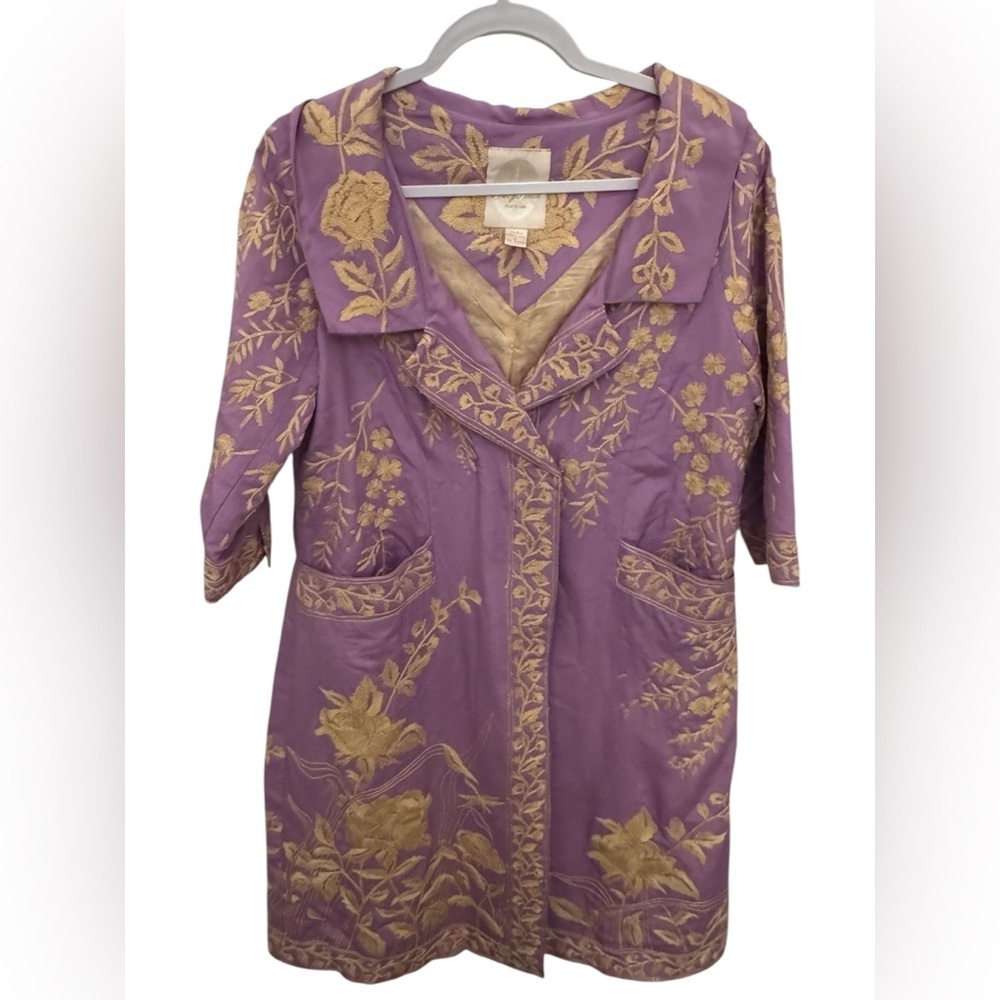 Tracy Reese New York Silk Embroidered Floral Duster Coat Purple Gold Size 6